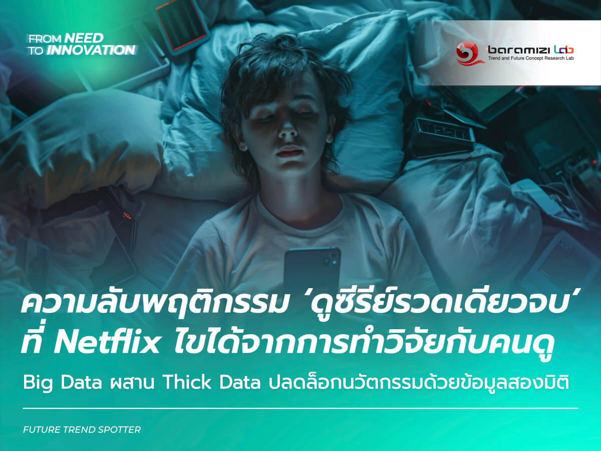 อินโฟกราฟิกแสดงการใช้ Big Data และ Thick Data ของ Netflix เพื่อเข้าใจพฤติกรรมการดูซีรีส์แบบรวดเดียวจบ